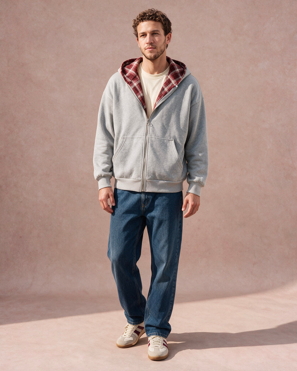 The Detachable Plaid Scarf Zip Hoodie (Heather Gray)