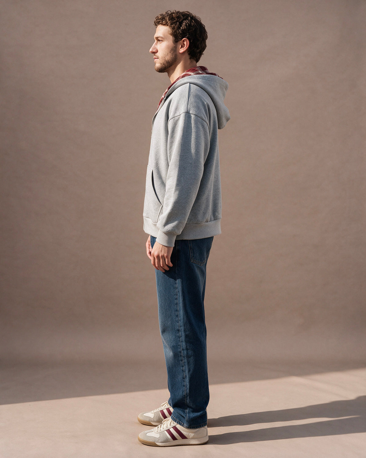 The Detachable Plaid Scarf Zip Hoodie (Heather Gray)