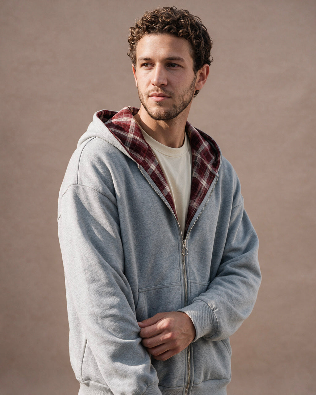 The Detachable Plaid Scarf Zip Hoodie (Heather Gray)